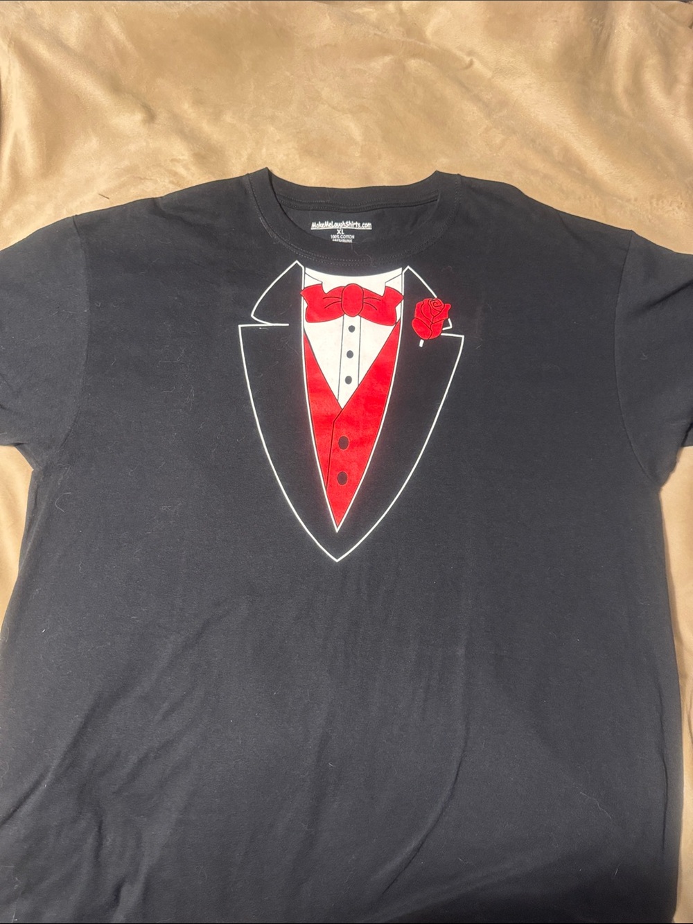 Men's Black Short-Sleeve Graphic Tee with Red Tuxedo Print